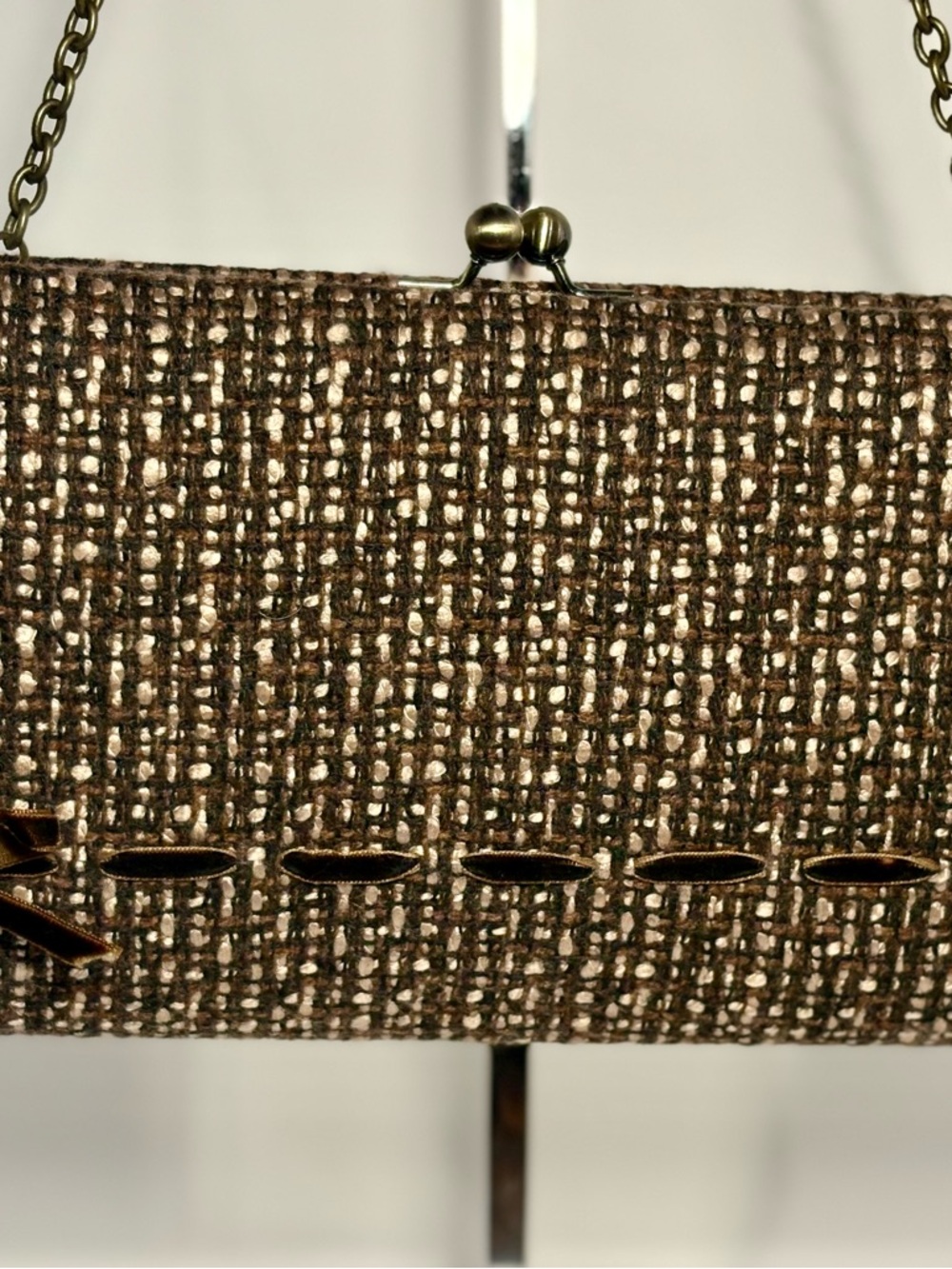 Worthington Brown Tweed Kisslock Clutch with Bow Accent and Chain Strap